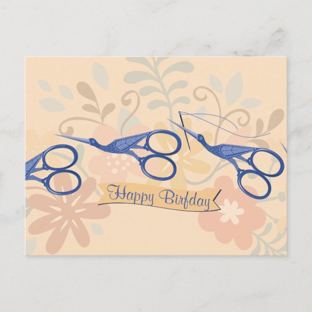 Postal Tijeras de cigüeña de aves ornamentales cosiendo c (Anverso)