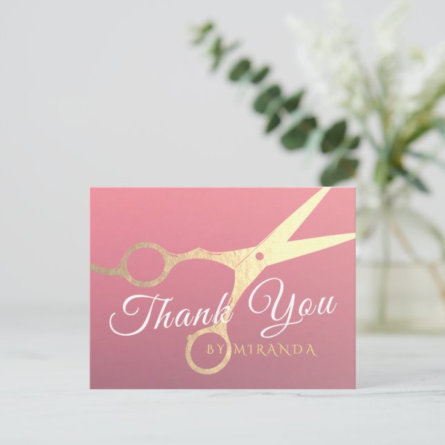 Postal Tijeras de oro rosa moderno Salón de maquillaje Es (Anverso de pie)