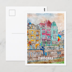 Postal Timisoara Rumanía Famoso lugar de viaje acuarela