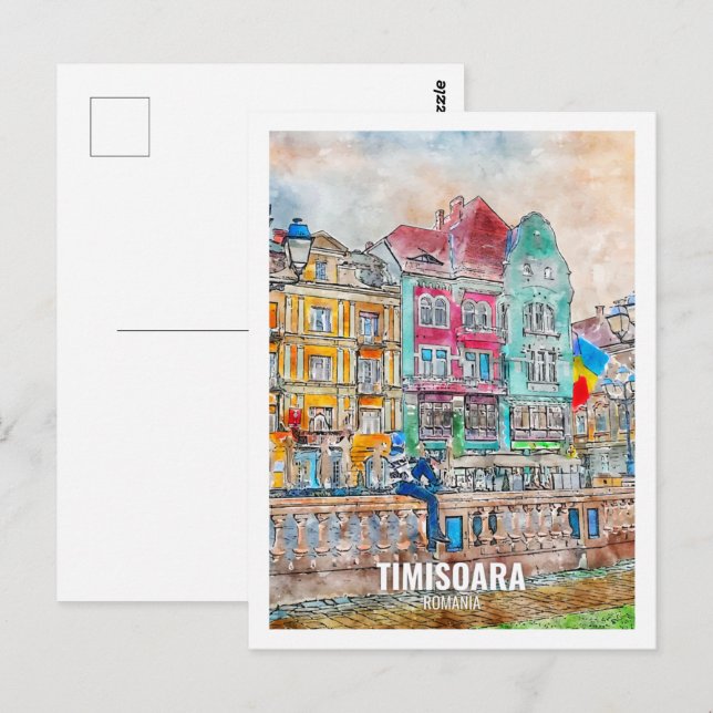 Postal Timisoara Rumanía Famoso lugar de viaje acuarela (Anverso / Reverso)