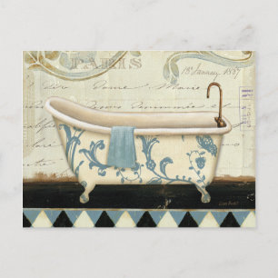 Postal Tina de baño blanca y azul del vintage