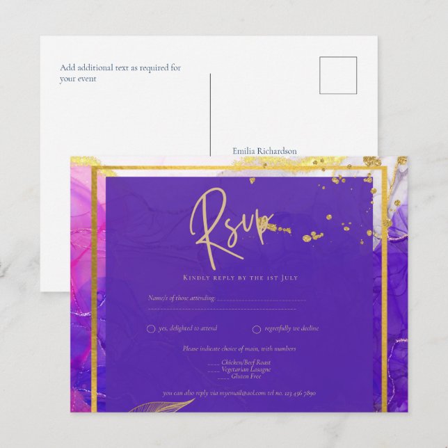 Postal Tinta de Boda de oro rosado púrpura intenso (Anverso / Reverso)