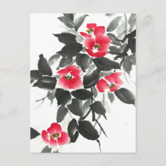 Postal Tinta de color rojo camellia sumie y pintura acuar