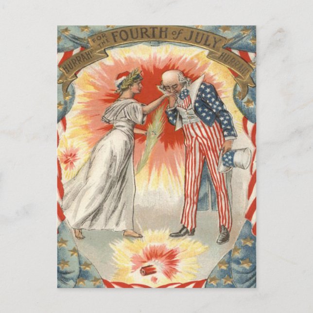 Postal Tío Sam Lady Liberty Bandera de EE. UU. Fuegos art (Anverso)