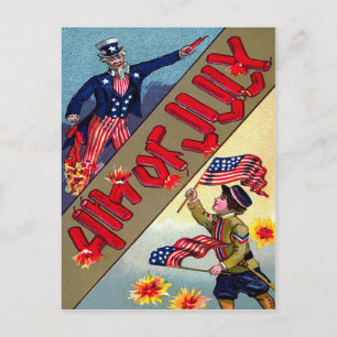 Postal Tío Sam niño Bandera Americana Fuegos Artificiales