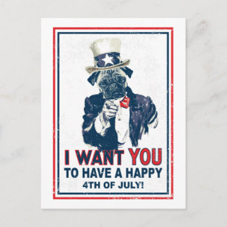 Postal Tío Sam Pug de Grunge vintage el 4 de julio