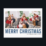 Postal Tipografía azul Feliz Collage de fotos navideño<br><div class="desc">Feliz Navidad! Postal de collage de fotos de Navidades de personalizable con tipografía simple azul y negra. Personalice agregando tres fotos,  nombres,  año y otros detalles. Esta postal moderna para Navidades está disponible en otros colores y cartón.</div>