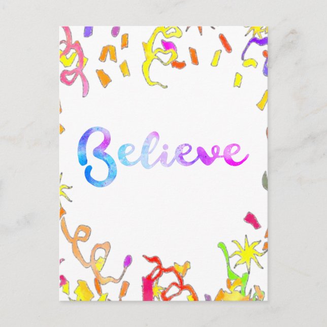 Postal Tipografía de acuarela Believe Arte de Confeti  (Anverso)