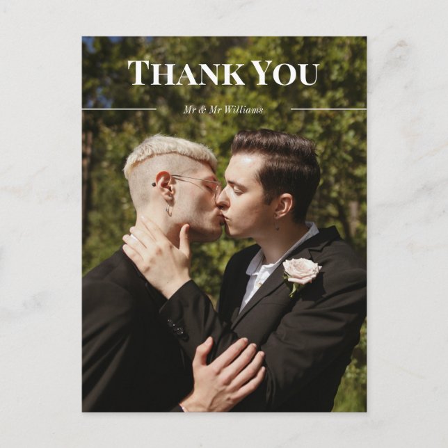 Postal Tipografía limpia, gracias y foto de nombres (Anverso)