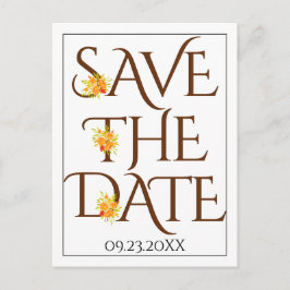 Postal Tipografía marrón, los rosas caen en la boda Save