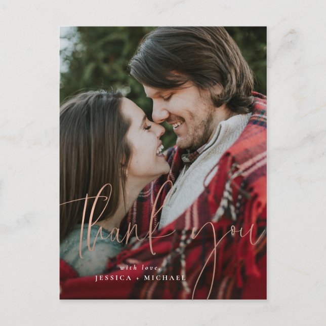 Postal Típografía mínima de oro Rosa Gracias Cartas (Anverso)