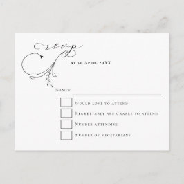 Postal Tipografía mínima Leafy Black Script Wedding RSVP