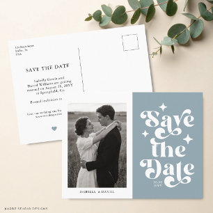 Postal Tipografía Retro Azul para Boda Save The Date