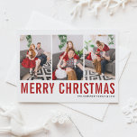 Postal Tipografía roja Feliz Navidad Tres Collages de fot<br><div class="desc">Feliz Navidad! Postal de collage de fotos de Navidades de personalizable con tipografía simple roja y negra. Personalice agregando tres fotos,  nombres,  año y otros detalles. Esta postal moderna para Navidades está disponible en otros colores y cartón.</div>