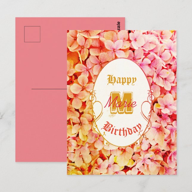 Postal Tipografía rosa Elegante Viejo Cumpleaños Botánico (Anverso / Reverso)