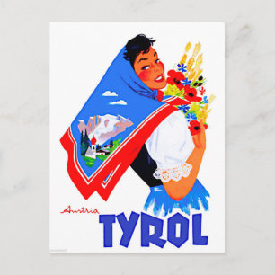 Postal Tirol, Austria.Mujer con flores y pañuelo pintado