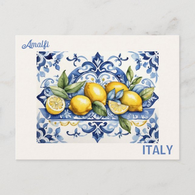 Postal Títulos azules y limones de Amalfi Italia (Anverso)