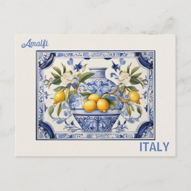 Postal Títulos azules y limones de Amalfi Italia (Anverso)