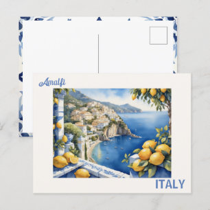 Postal Títulos azules y vistas de limones desde Amalfi It