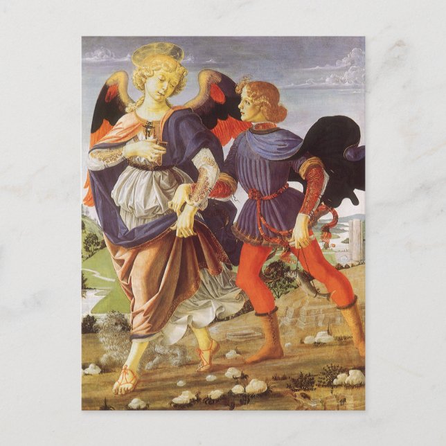 Postal Tobias y el ángel de Andrea del Verrocchio (Anverso)