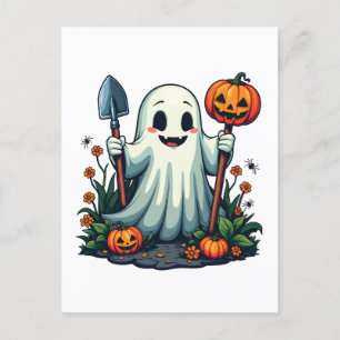Postal Tocante Halloween Otoño Gardening Ghost Pumpkin
