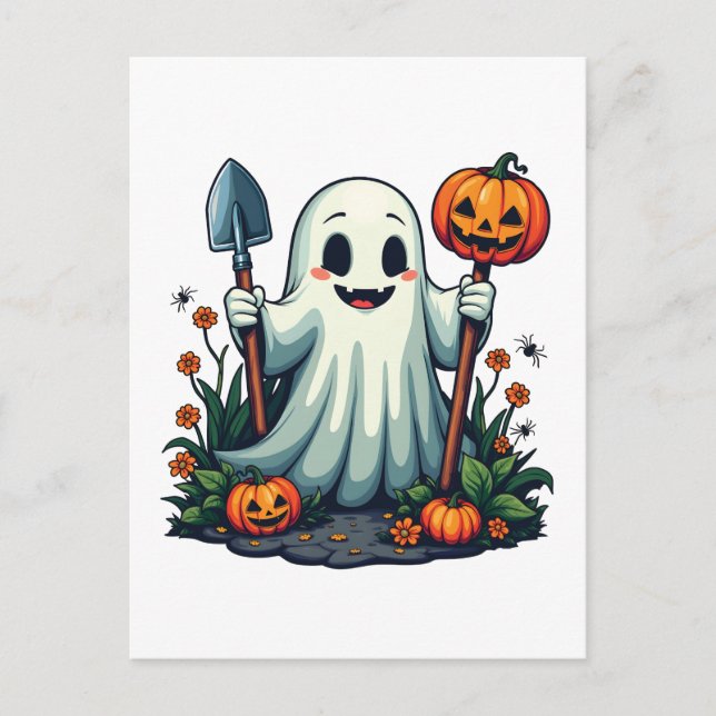 Postal Tocante Halloween Otoño Gardening Ghost Pumpkin (Anverso)