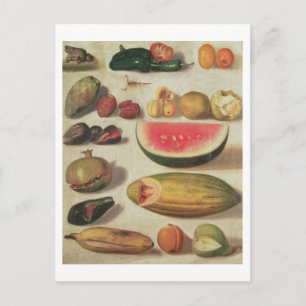 Postal Todavía la vida con fruta y sapo