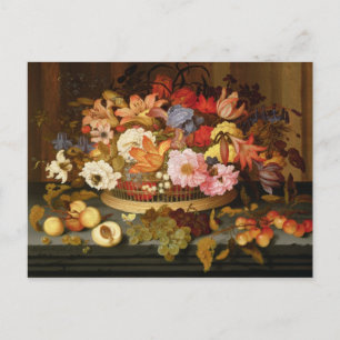 Postal Todavía vida de la fruta y de una cesta de flores