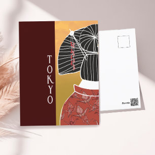 Postal Tokyo Japan Kimono Yukata Shrine Hand Ilustrado