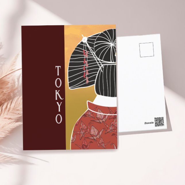 Postal Tokyo Japan Kimono Yukata Shrine Hand Ilustrado (Subido por el creador)