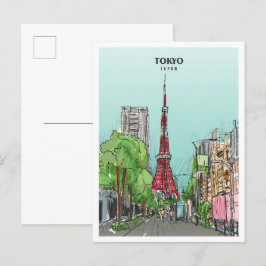 Postal Tokyo Japan Sketch Art Vintage Travel