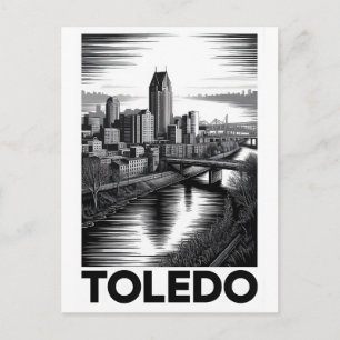 Postal Toledo Ohio Silueta Urbana Grabado en Madera Blanc