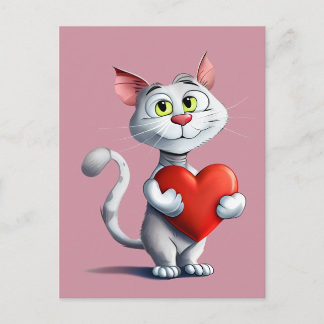 Postal Tomcat gracioso sosteniendo un gran corazón (Anverso)