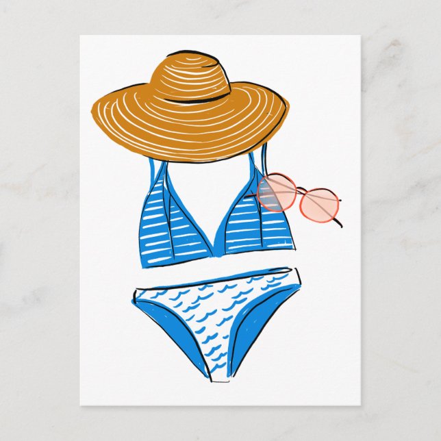 Postal Tome el sol con traje de baño azul (Anverso)