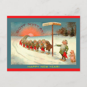 Postal Tomte escandinavo vintage Feliz Año Nuevo