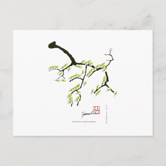 Postal tony fernandes sakura y aves verdes (Anverso)