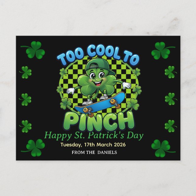 Postal Too Cool to Pinch Skateboard Shamrock St. Patricks (Anverso)