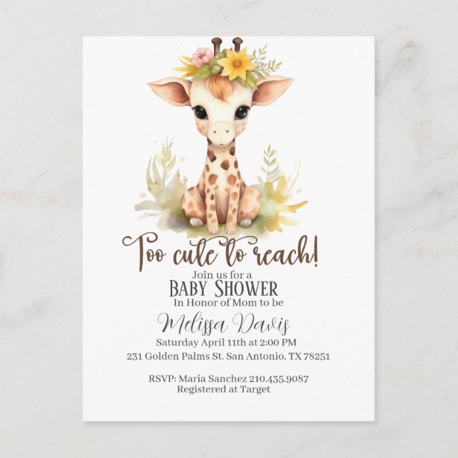 Postal Too Cute to Reach Giraffe Baby Shower Invitation (Anverso)