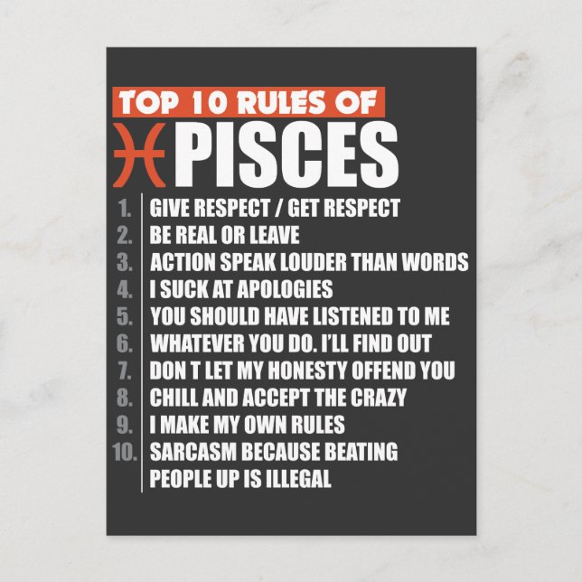 Postal Top 10 Rules of Pisces zodiac regalo horoscopio (Anverso)