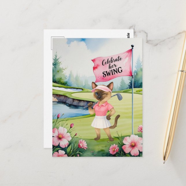 Postal Torneo femenino de golf para gato golfista siamés (Anverso/Reverso In Situ)