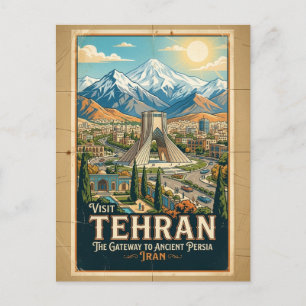 Postal Torre Azadi y montañas Alborz Cartel de viaje por