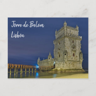 Postal Torre de Belem por la noche en Lisboa. Portugal