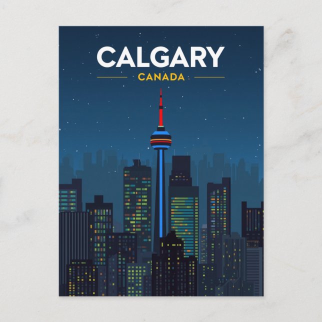 Postal Torre de Calgary Silueta Nocturna Retro (Anverso)