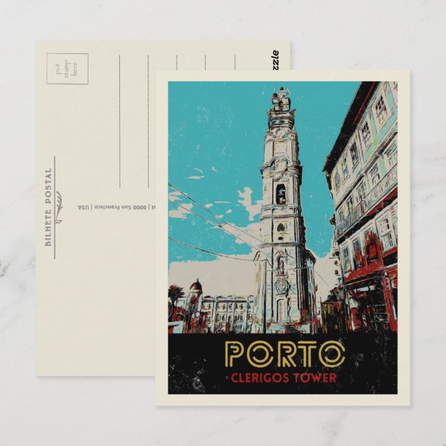 Postal Torre de Porto Clerigos ilustracion Portugal (Anverso / Reverso)