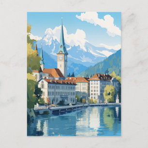 Postal Torre del Reloj de Lucerna Suiza Lago Acuarela