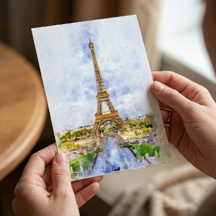 Postal Torre Eiffel al atardecer París acuarela francesa