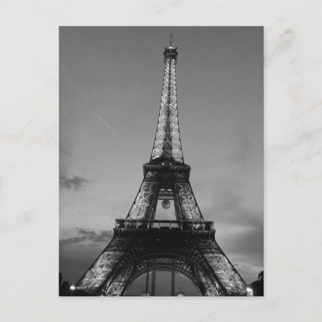 Postal Torre Eiffel Blanca y Negra en la noche de París (Anverso)
