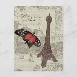 Postal Torre Eiffel, calle parís y mariposa