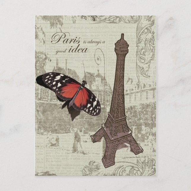 Postal Torre Eiffel, calle parís y mariposa (Anverso)
