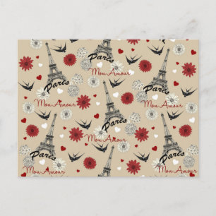 Postal Torre Eiffel, corazones, flores